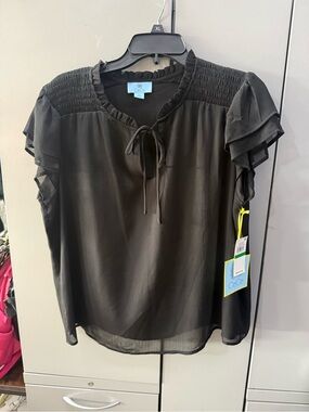 CeCe Black Ruffle Sleeve Tie-Front Blouse